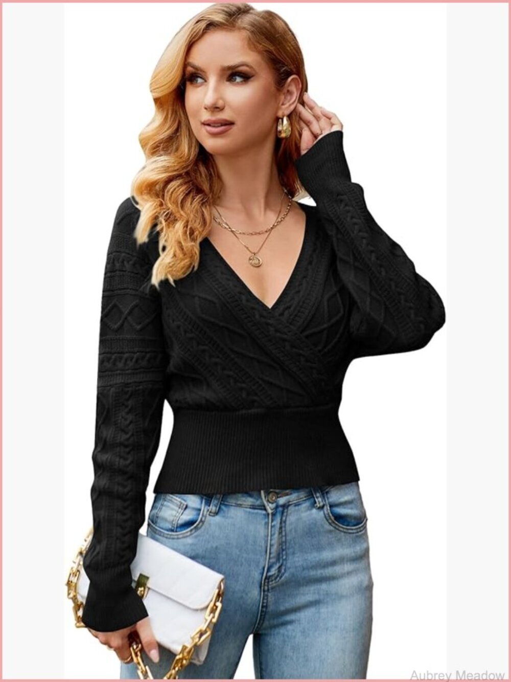 V-Neck Cable Knit Crop Sweater Long Sleeve Wrap Pullover